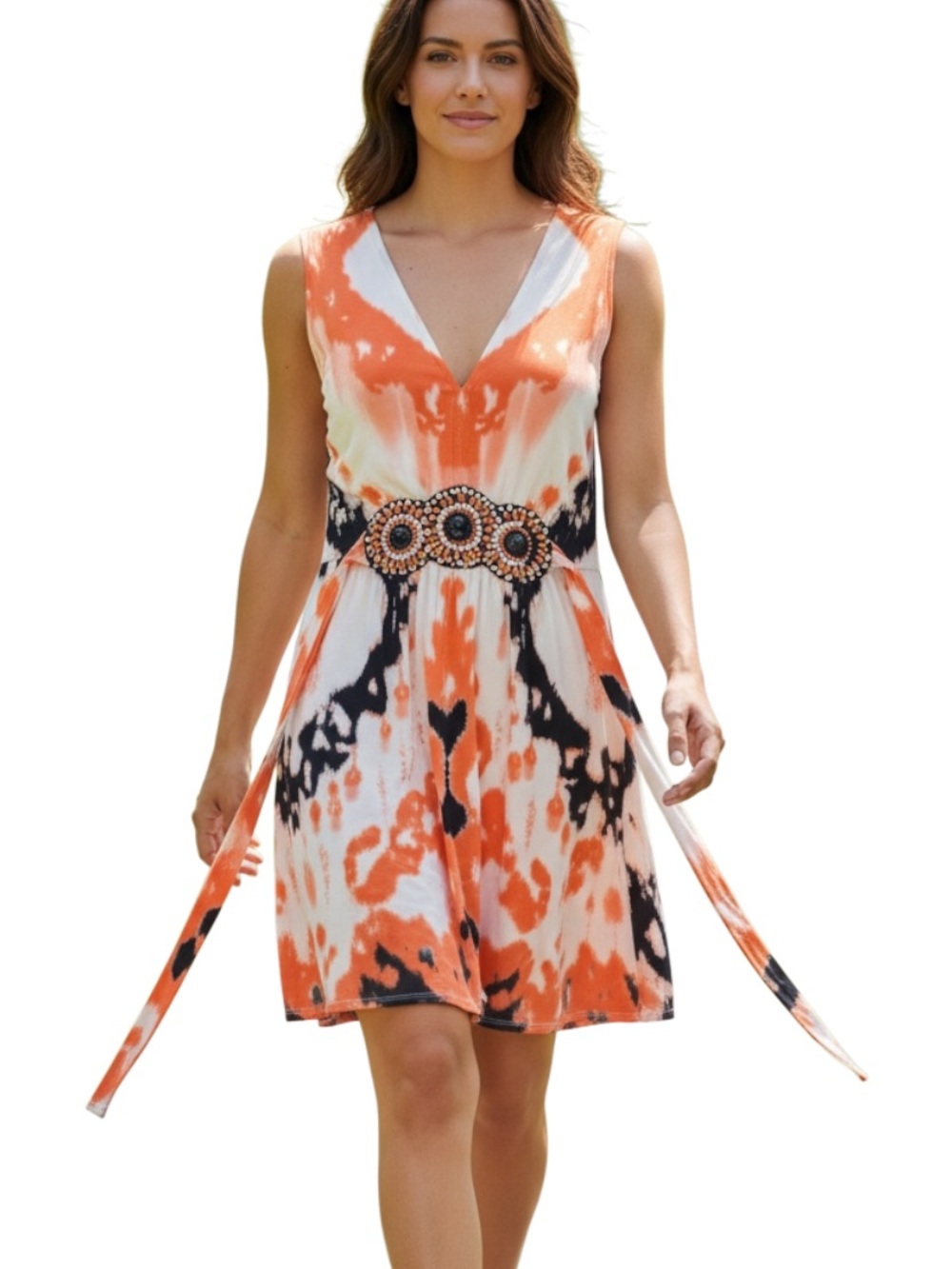 ECI Orange, White & Black Tie-Dye V-Neck Mini Dress